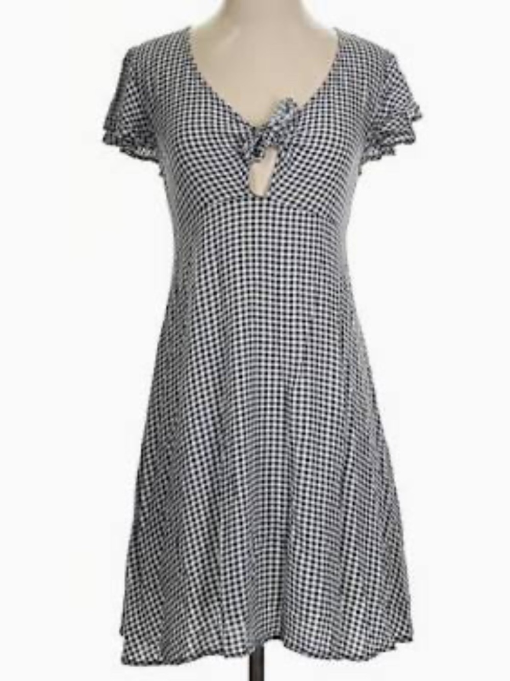 XHILARATION Navy & White Gingham Flutter Sleeve Tie-Front Dress